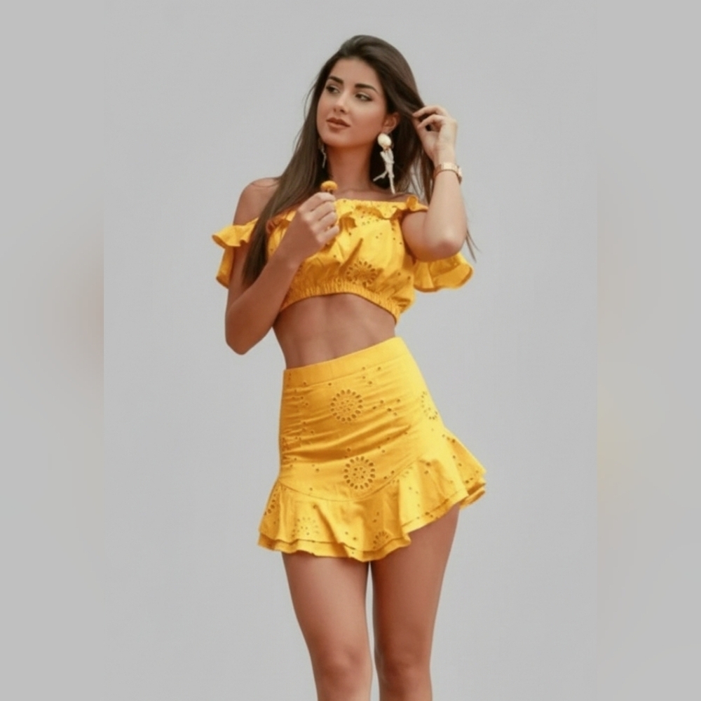 Zaful Off Shoulder Mini Skirt Two Piece Set In Moustard Size S